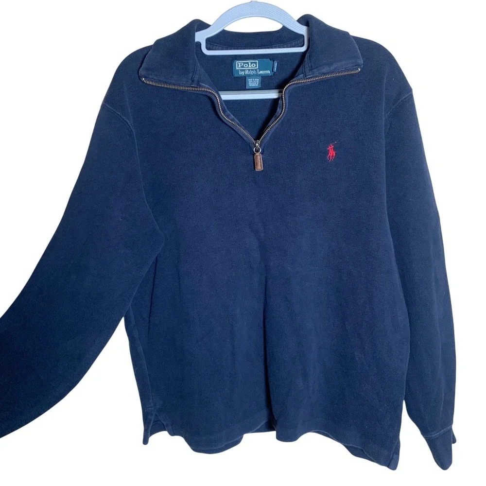 Polo Ralph Lauren Quarter Zip‎ Pullover Mens M Navy Blue Excellent Cotton Pony